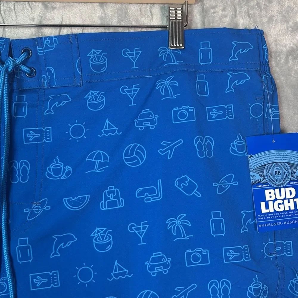 NWT New Bud Light Blue Swim Summer Board Trunks Shorts with Pockets Large